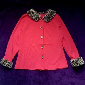 Vintage Camille & Co XL Red Jacket With Leopard Faux Fur Accents